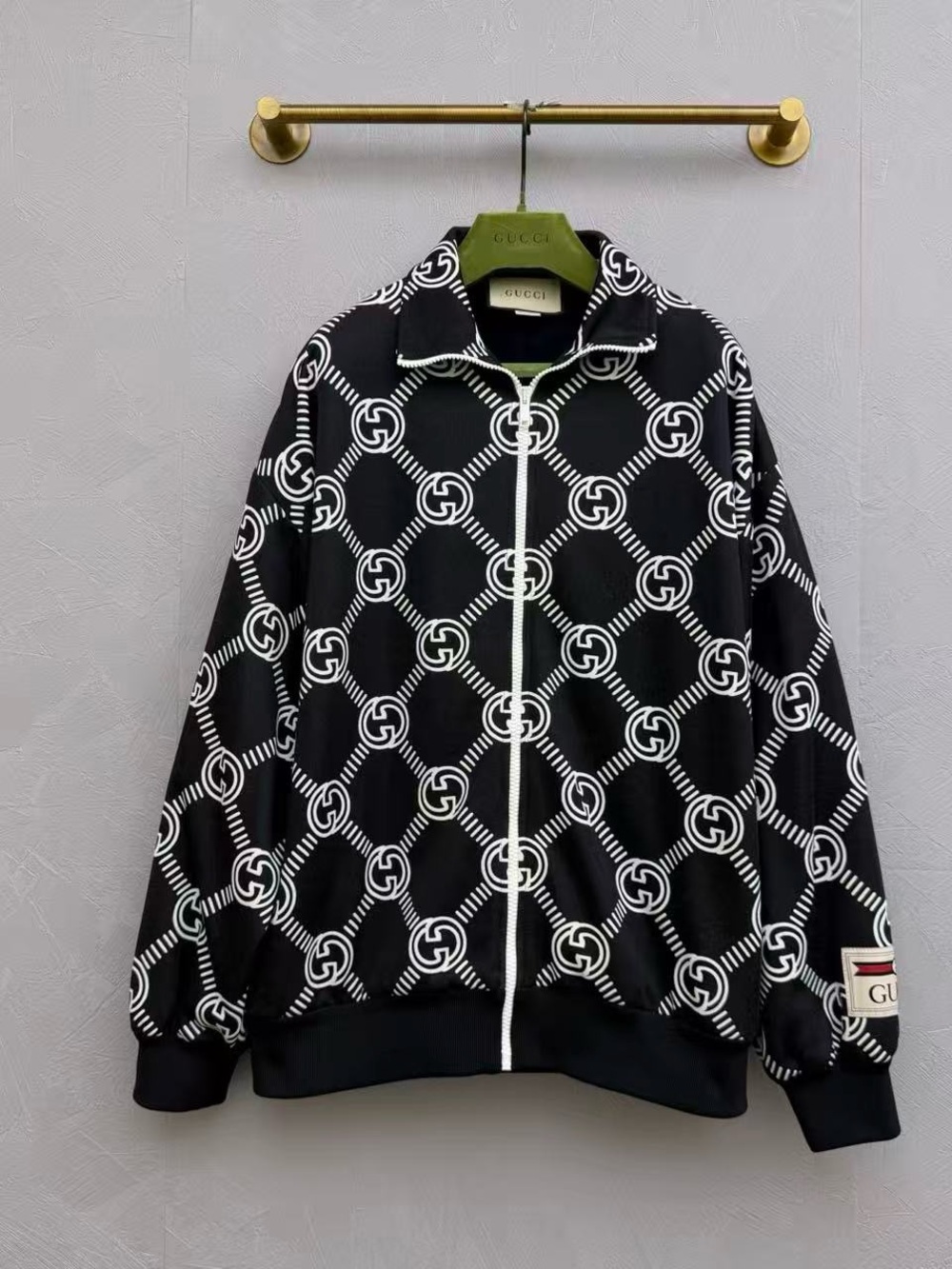 Gucci Black & White Interlocking-G Logo Zip Bomber Jacket